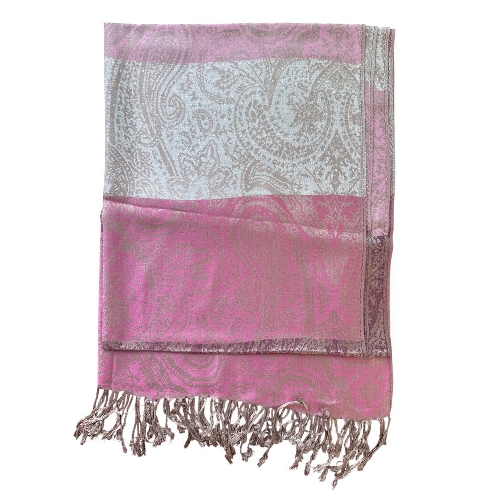 Women OS Pink Paisley Fringed Pashmina Shawl Boho Scarf Wrap NWOT